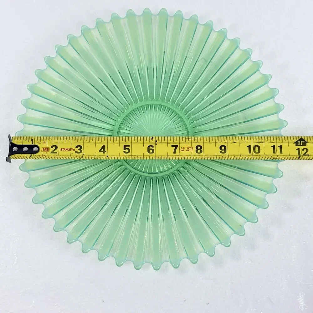 Vintage Green Opalescent Carnival Glass Bowl Sunburst Ribbed Spiked Beaded Edge